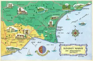 Prints of Map by M. F. Peck - Romney Marsh and surrounding district Map Prints: Romney Marsh District Map Print by M. F. Peck