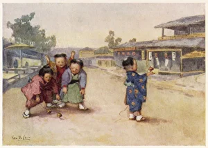<b class=qtipBold><figcaption>Japan/Spinning Tops/1907</figcaption></b><br>Japanese children, dressed in kimono, play with their spinning tops in the street.<br><em>© Mary Evans Picture Library</em> Japan/Spinning Tops/1907