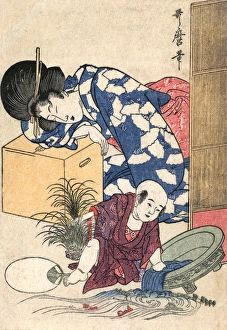Japanese Art - Toddler causes havoc whilst his mother sleeps Japanese Art - Toddler causes havoc whilst his mother sleeps