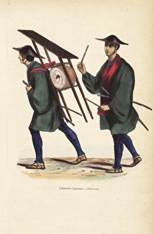 Japanese infantry musicians, one beating a drum (taiko) Japanese infantry musicians, one beating a drum (taiko)