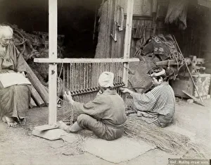Japanese men weaving straw mats, Japan Japanese men weaving straw mats, Japan