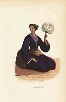 Japanese woman in kimono and obi, holding a feather fan