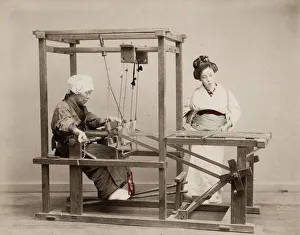 Japanese woman weaving cloth on a loom, Japan Japanese woman weaving cloth on a loom, Japan