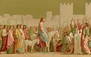 Prints of He rides into Jerusalem on a donkey, as prophesied : his followers carry palm leaves, hence the day will be commemorated as Palm Sunday Related Prints: Print of Jesus riding a donkey into Jerusalem