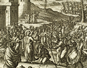 Jesus forgiving sins and healing a paralytic. Engraving Jesus forgiving sins and healing a paralytic. Engraving