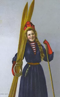 A jolly Norway woman with her skis