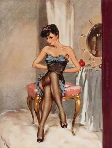 <b class=qtipBold><figcaption>Just Dandy by David Wright</figcaption></b><br>Just Dandy by David Wright, showing a woman about to remove her top. Wright produced a series of over 160 illustrations or 'pin-ups' for 'The Sketch' during the 1940's. David Wright's 'Lovelies' proved hugely popular and adorned practically every military mess, bunker, dormitory or club room in the country during World War II.<br><em>© Estate of David Wright/ILN/Mary Evans Picture Library</em> Just Dandy by David Wright