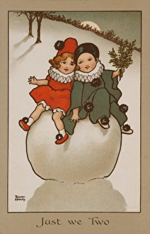<b class=qtipBold><figcaption>Just We Two by Florence Hardy</figcaption></b><br>Two children dressed in clown and Pierrot costumes sit close together on top of a giant snowball.<br><em>© Mary Evans/Peter & Dawn Cope Collection</em> Just We Two by Florence Hardy