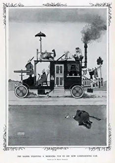 <b class=qtipBold><figcaption>Kaiser's Campaigning Car</figcaption></b><br>The Kaiser enjoying a morning tub in his new campaigning car during World War One. A typically convoluted method of transportation from W.Heath Robinson. Please note: Credit must appear as Courtesy of the Estate of Mrs J.C.Robinson/Pollinger Ltd/ILN/Mary Evans<br><em>© Courtesy of the estate of Mrs J.C.Robinson/Pollinger Ltd/ILN/Mary Evans Picture Library</em> Kaiser's Campaigning Car