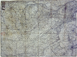 <b class=qtipBold><figcaption>Kansas Map</figcaption></b><br>Rand McNally Official Railway Guide map showing land East of Topeka, Kansas, 1877 Date: 1877<br><em>© Mary Evans / National Archives</em> Kansas Map
