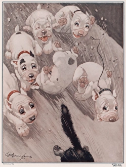 <b class=qtipBold><figcaption>Katergy by George Studdy</figcaption></b><br>Bonzo shows the practical application of the word "katergy" which burst upon the astonished world in a scientific address given by Dr. F. C. Eve at a recent meeting of the British Association. It was defined as "the flow of energy in a downhill direction". A crowd of Bonzos tumble over each other as they chase an unfortunate cat down hill. Credit line must read: Estate of George Studdy/Gresham Marketing Ltd./Mary Evan"<br><em>© Estate of George Studdy/Gresham Marketing Ltd./Mary Evans</em> Katergy by George Studdy