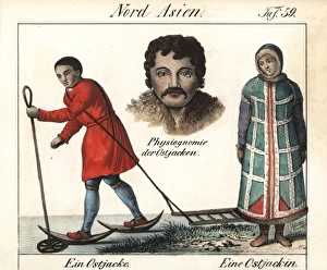 Khanty or Ostyak man wearing skis, woman with Khanty or Ostyak man wearing skis, woman with