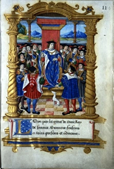 <b class=qtipBold><figcaption>King Louis XI</figcaption></b><br>Book of Statutes of the Order of St Michael. Court of King Louis XI of France, 1476 Date: 1476<br><em>© Mary Evans / National Archives</em> King Louis XI