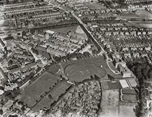 Prints of An aerial view of Selly Oak Hospital, Birmingham - the former Kings Norton Union workhouse and workhouse infirmary. The original workhouse building is at the left, just below centre Birmingham Prints: Aerial View of Kings Norton Workhouse Print, Birmingham