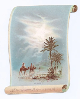 Three Kings scene on a scroll-shaped Christmas card Three Kings scene on a scroll-shaped Christmas card