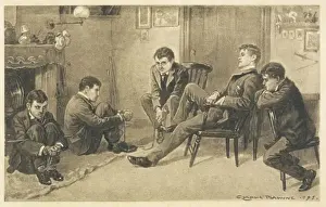 Prints of The moral reformers, Beetle, Stalky and McTurk punish the two bullies by tying their hands to their feet Rudyard Kipling Prints: Kipling's Stalky & Co. Print: Bullies Punished by Hand and Foot Tying