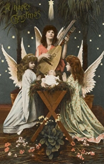 <b class=qtipBold><figcaption>Kitch Nativity Scene with Angels</figcaption></b><br>Kitch representation of an Angelic Host surrounding the crib of the Infant Jesus. The central eldest Angel is playing a variant of a lute.<br><em>© Mary Evans / Grenville Collins Postcard Collection</em> Kitch Nativity Scene with Angels