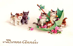 Kittens and puppies on a French New Year postcard Kittens and puppies on a French New Year postcard