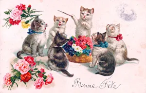 Kittens singing on a French birthday postcard Kittens singing on a French birthday postcard
