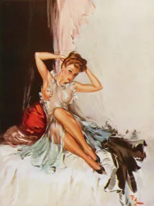 <b class=qtipBold><figcaption>Kitting Up by David Wright</figcaption></b><br>Kitting Up by David Wright, showing a woman pinning up her hair. Wright produced a series of over 160 illustrations or 'pin-ups' for 'The Sketch' during the 1940's. David Wright's 'Lovelies' proved hugely popular and adorned practically every military mess, bunker, dormitory or club room in the country during World War II.<br><em>© Estate of David Wright/ILN/Mary Evans Picture Library</em> Kitting Up by David Wright