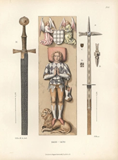 Knight of the mid 15th century in battle armor with weapons Knight of the mid 15th century in battle armor with weapons