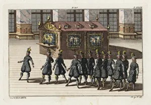Twelve knights dancing in front of a candle-lit Twelve knights dancing in front of a candle-lit