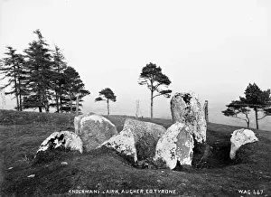 Prints of Knockmany Cairn, Augher, Co Tyrone - a view of inscribed stones. (Location: Northern Ireland: County Tyrone: Augher). Date: circa early 1900s County Tyrone Prints: Knockmany Cairn Print: Inscribed Stones, Augher, Co Tyrone