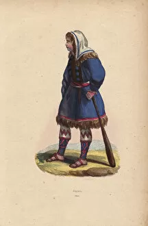 Koryak man in fur-lined hat and coat, holding a cudgel
