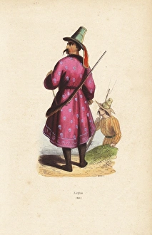 Kyrgyz man in tall hat, coat over boots, carrying a musket Kyrgyz man in tall hat, coat over boots, carrying a musket