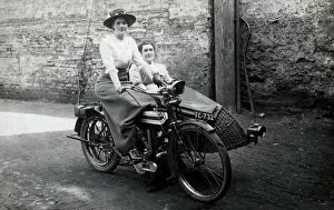 Veteran Collection: Two ladies on a 1914 Triumph motorcycle