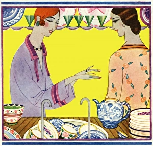 <b class=qtipBold><figcaption>Ladies in a kitchen</figcaption></b><br>Two woman with sleek 1920s hair discuss the state of their hands in front of a kitchen sink filled with brightly decorated art deco pottery.<br><em>© Mary Evans/Peter & Dawn Cope Collection</em> Ladies in a kitchen