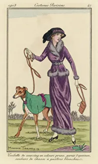 <b class=qtipBold><figcaption>Lady Coursing</figcaption></b><br>A lady and her greyhound at a coursing meeting : her outfit is in prune-coloured velvet, the dog's is less elaborate. Date: 1913<br><em>© Mary Evans Picture Library 2015 - https://copyrighthub.org/s0/hub1/creation/maryevans/MaryEvansPictureID/10193453</em> Lady Coursing