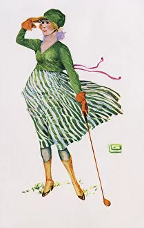 Windy Collection: Lady golfer looking down the fairway for her drive