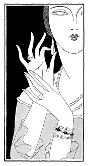 <b class=qtipBold><figcaption>Lady with Jewellery 1927</figcaption></b><br>An elegant lady shows off her jewellery: earrings, necklace, rings and bracelets.<br><em>© Mary Evans Picture Library</em> Lady with Jewellery 1927