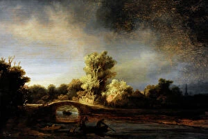 Storm Gallery: Landscape with a Stone Bridge, c.1638, by Rembrandt (1606-1
