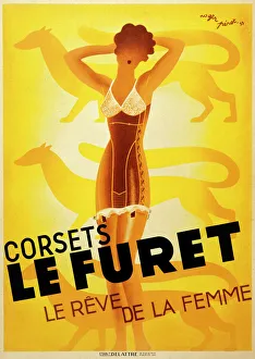 <b class=qtipBold><figcaption>Le Furet Corsets Poster</figcaption></b><br>Art deco style poster advertising Le Furet corsets, depicting a slim and glamorous woman wearing the said item.<br><em>© Mary Evans Picture Library 2015 - https://copyrighthub.org/s0/hub1/creation/maryevans/MaryEvansPictureID/10225581</em> Le Furet Corsets Poster