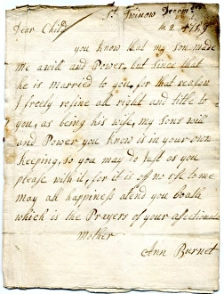 <b class=qtipBold><figcaption>Letter from Ann Burnet</figcaption></b><br>Letter from Ann Burnet to daughter-in-law Sarah Burnet, resigning her right as his will and power, 2 December 1759 Date: 1759<br><em>© Mary Evans / National Archives</em> Letter from Ann Burnet