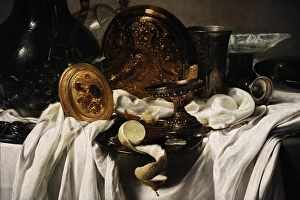 Still life with pewter and tall thin glass in a wall niche Still life with pewter and tall thin glass in a wall niche