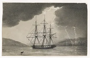 <b class=qtipBold><figcaption>Lightning and Ship 1</figcaption></b><br>During a storm, a shaft of lightning strikes the topmost tip of the mainmast of a sailing vessel while another bolt hits it halfway down and runs down to the deck.<br><em>© Mary Evans Picture Library</em> Lightning and Ship 1