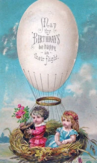 Balloons Gallery: Little boy and girl riding in balloon on a birthday card