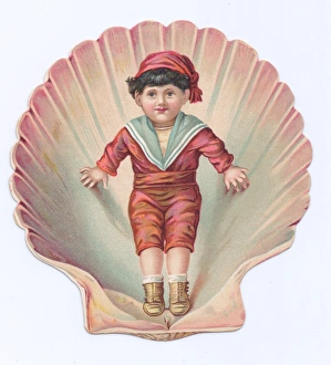 Little boy on a shell-shaped greetings card Little boy on a shell-shaped greetings card
