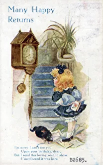 Little girl with black cat on a birthday postcard Date: circa 1918 Little girl with black cat on a birthday postcard Date: circa 1918