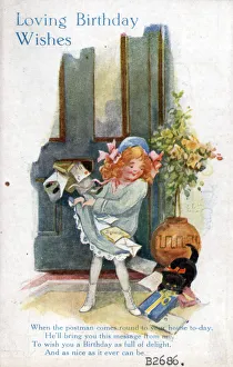 Little girl with cards and presents on a birthday postcard Date: circa 1918 Little girl with cards and presents on a birthday postcard Date: circa 1918