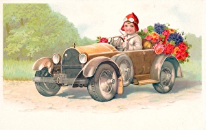 Little girl driving a car on a greetings postcard Little girl driving a car on a greetings postcard