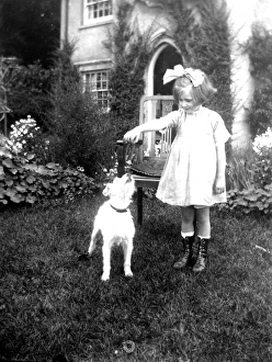 Little girl in a garden with a small dog Little girl in a garden with a small dog