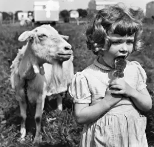 Caravan Prints: 1950s Print: Little Girl and Goat in Caravan Park