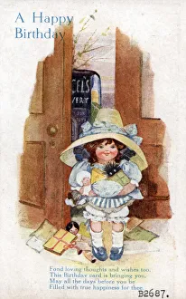 Little girl with presents on a birthday postcard Date: circa 1918 Little girl with presents on a birthday postcard Date: circa 1918
