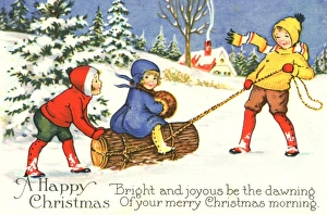 Little girl pulled through the snow on a log Little girl pulled through the snow on a log