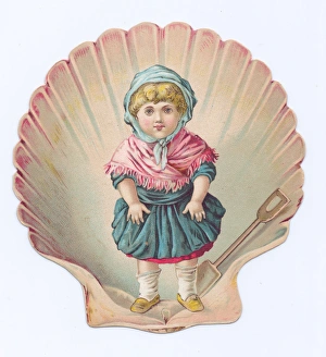 Little girl on a shell-shaped greetings card Little girl on a shell-shaped greetings card