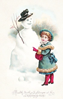 Little girl with snowman on a Christmas postcard Little girl with snowman on a Christmas postcard